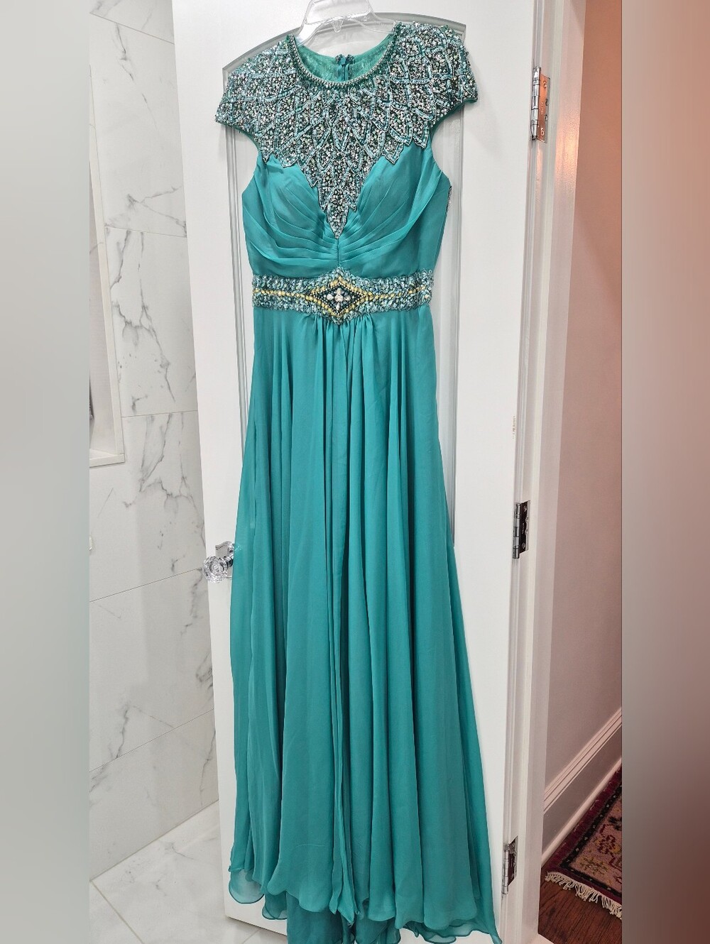 Terani Couture Teal Beaded Illusion Neckline Prom Gown